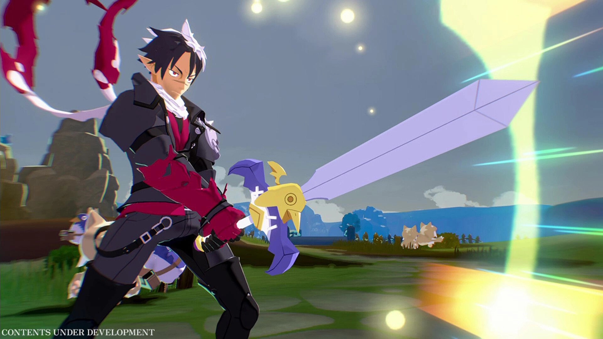 Disgaea Mayhem: Hero swings a glowing sword on grassy plains with distant hills and spark effects.