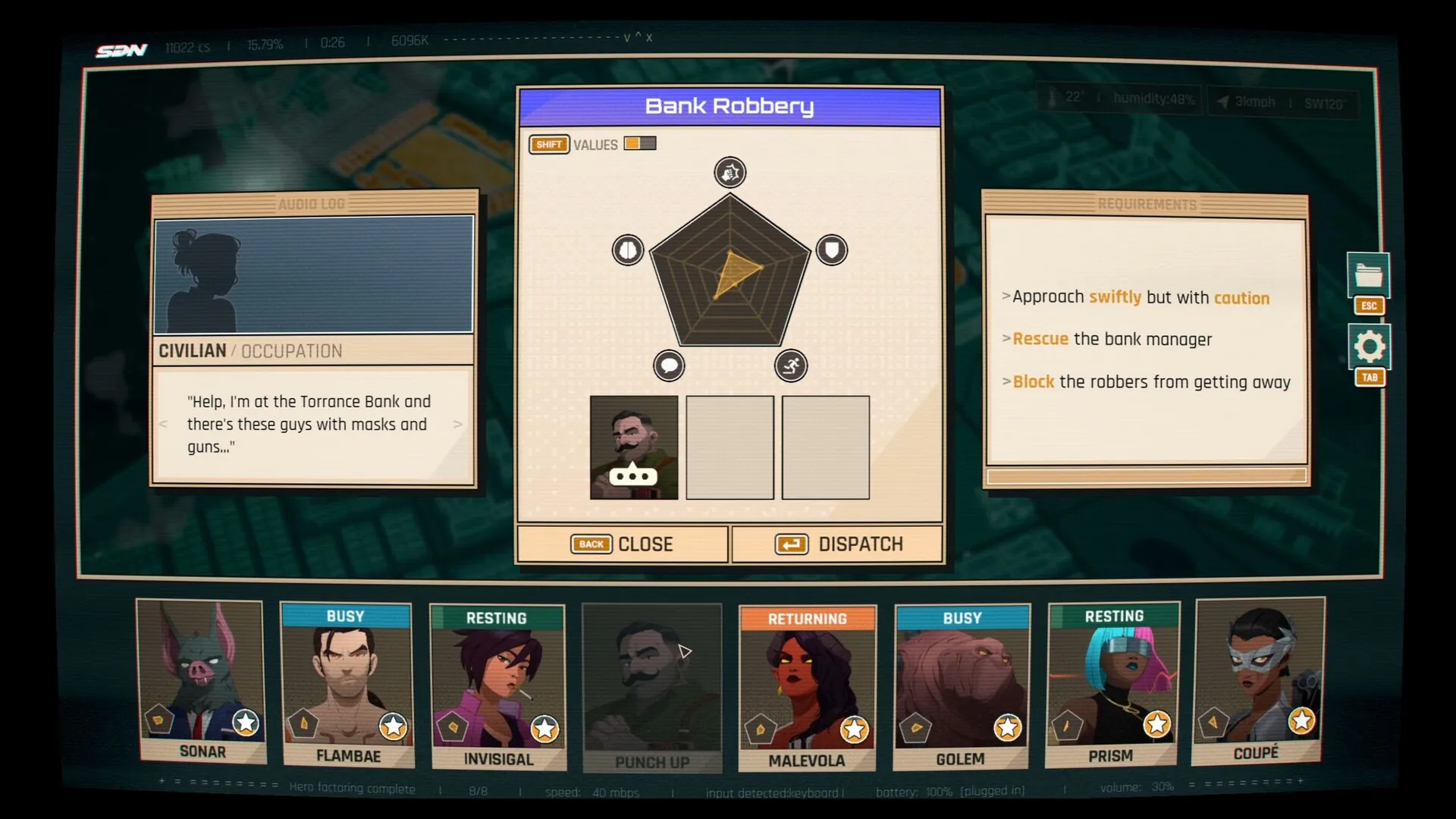 Dispatch: Bank robbery mission screen with hero selection and strategic options visible