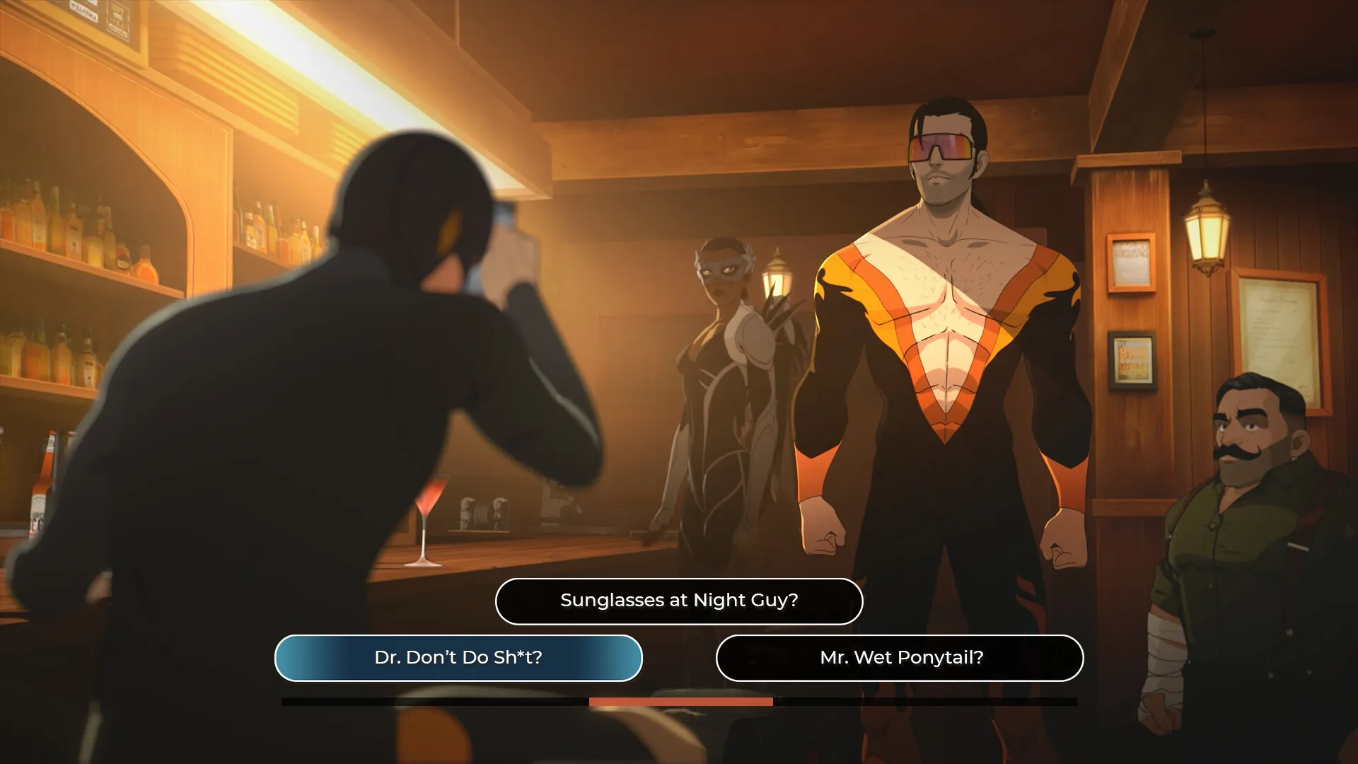 Dispatch: Hero team meeting in a dimly lit bar with choice options displayed for character interactions