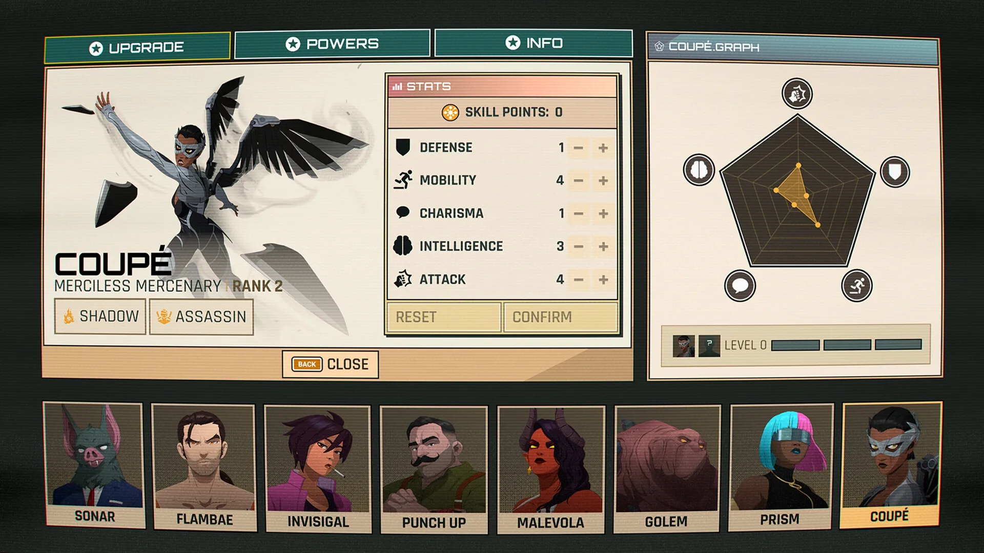 Dispatch: Character stats screen for Coupé with skill points and team selection at the bottom