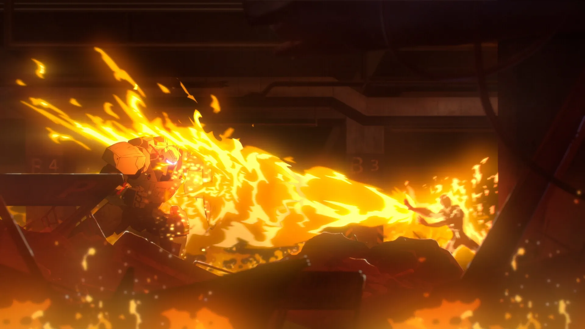 Dispatch: Armored hero battles fiery enemy in underground parking garage, surrounded by flames and debris.