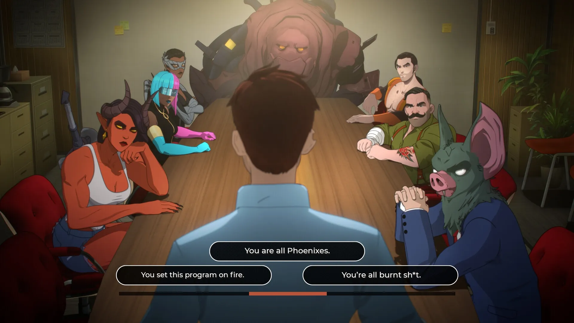 Dispatch: Hero team meeting around a conference table with dialogue options at bottom of the screen.