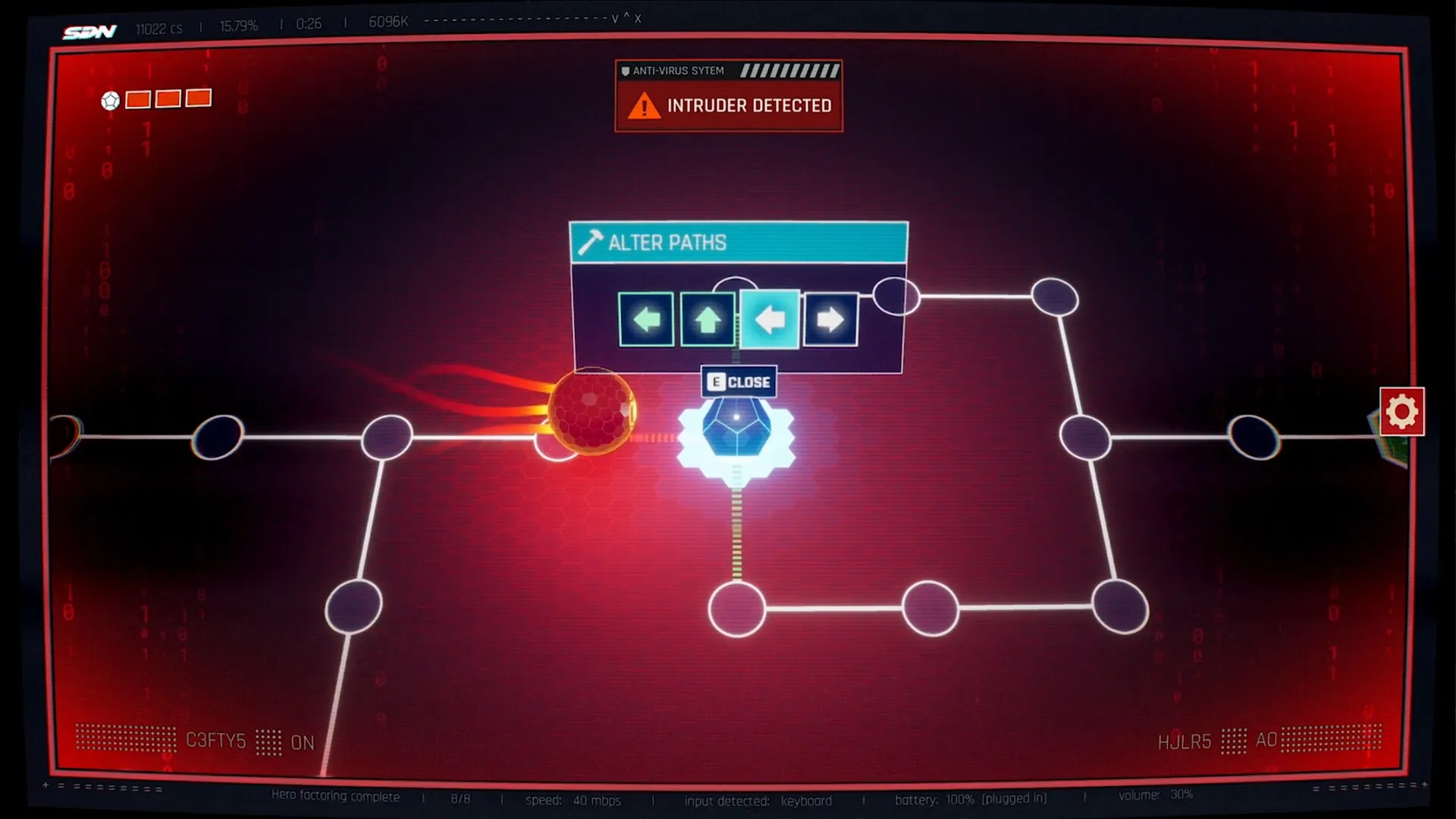 Dispatch: Intruder detected warning on digital map with alter paths menu in cyber interface setting