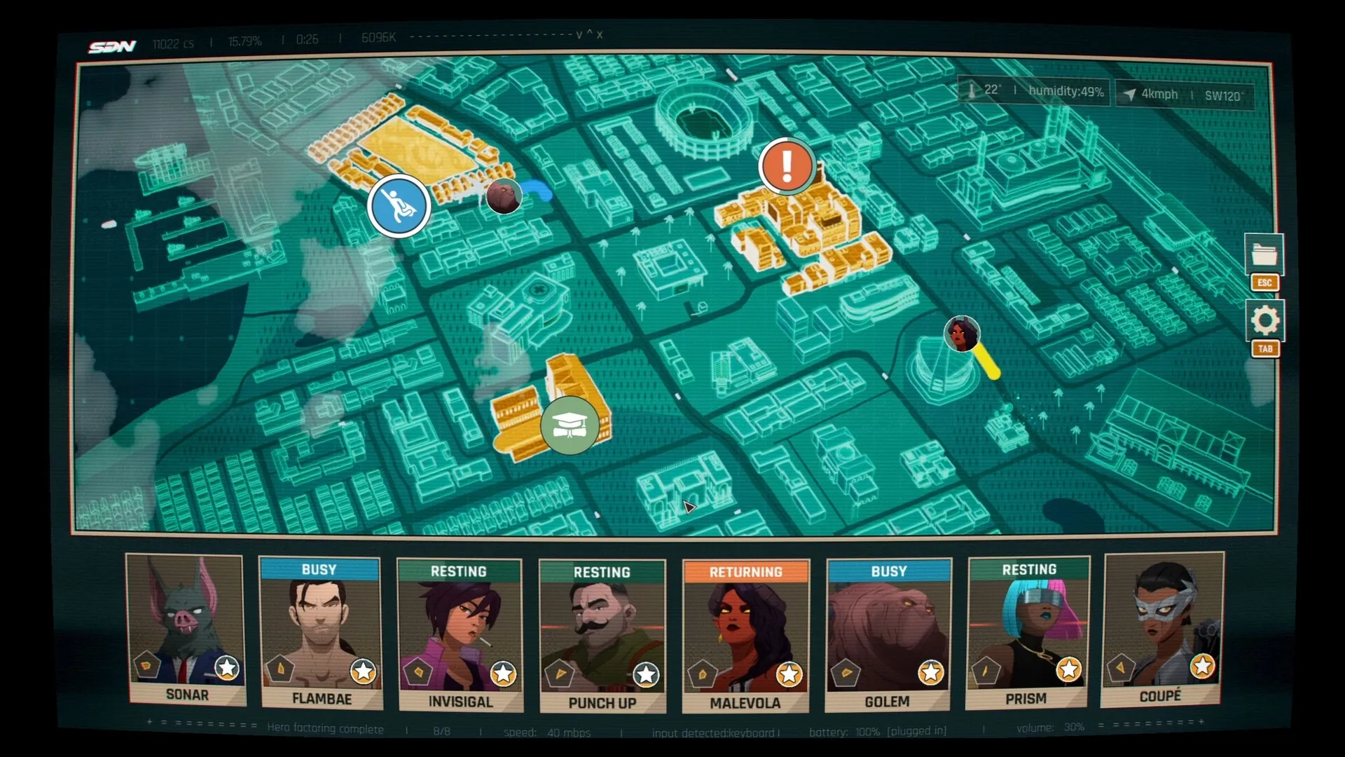 Dispatch: City map interface showing hero status and locations for strategic emergency deployment