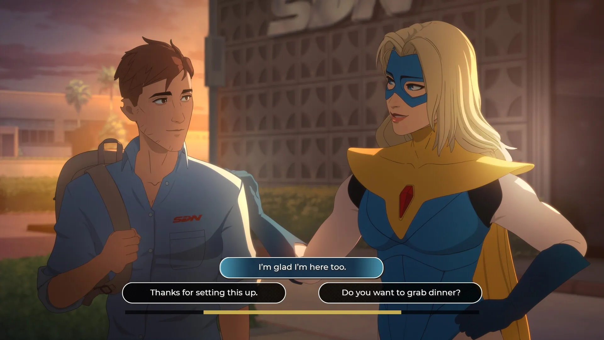 Dispatch: Two characters conversing outside office with dialogue choices displayed at sunset