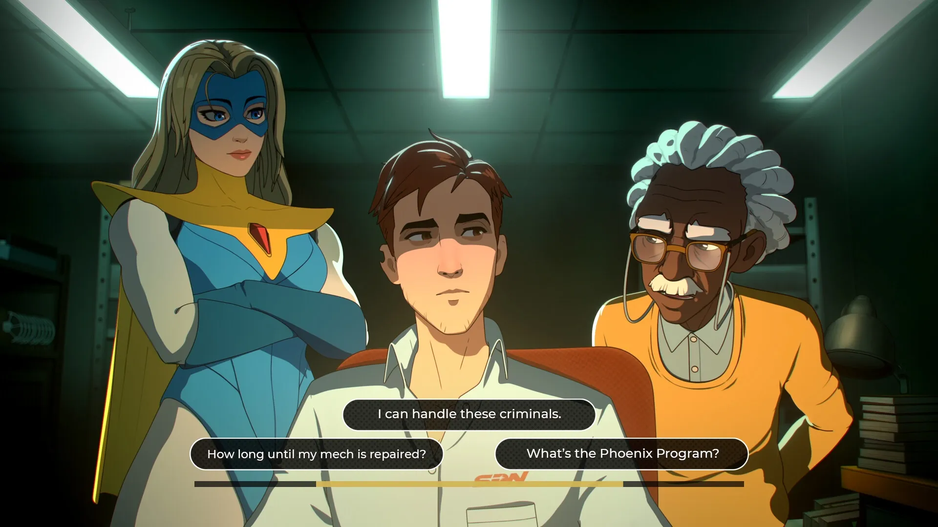 Dispatch: Three characters discussing choices in a dimly lit office with dialogue options displayed
