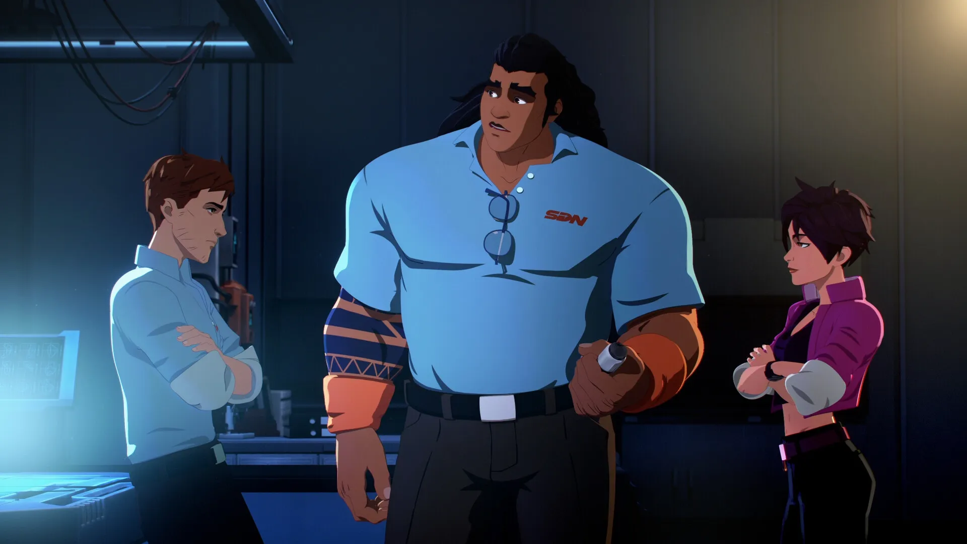 Dispatch: Three characters discussing a strategy in a dimly lit office with tech equipment around them