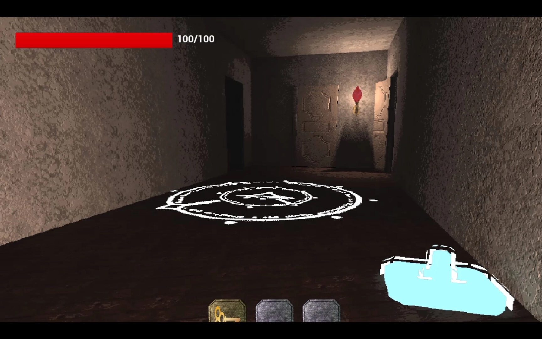 DISPEL: First-person view of a dark hallway with ritual circle on floor, health 100/100 UI.