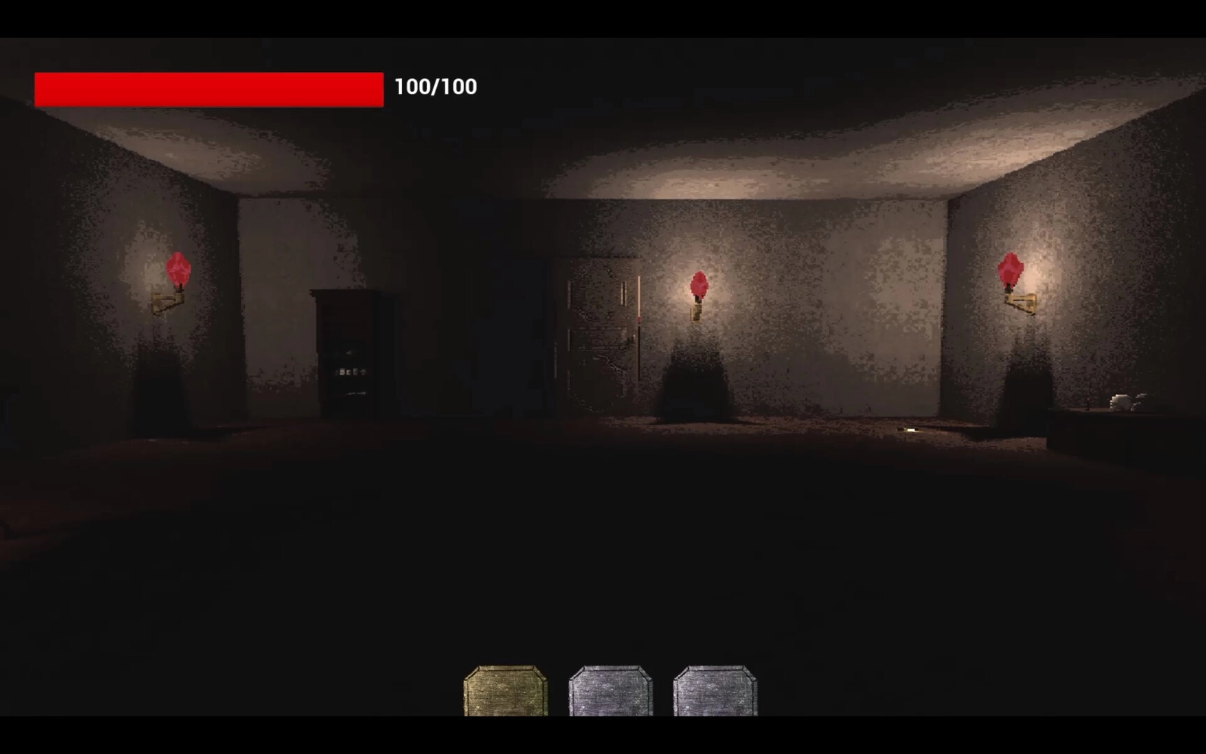 DISPEL: First-person view in dim corridor with red torches, door ahead, and 100/100 health bar UI.