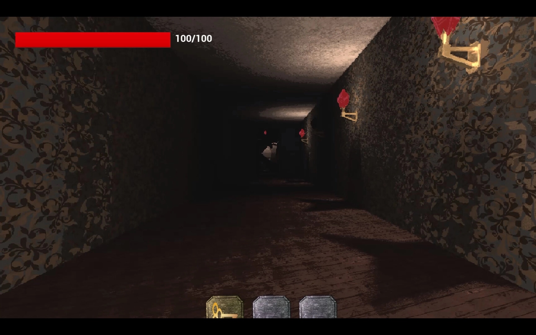 DISPEL: First-person view down a dim corridor with red wall sconces and 100/100 health bar UI.