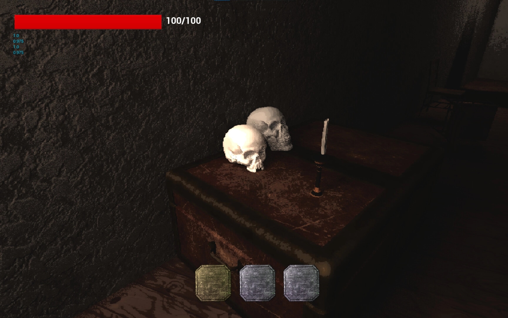 DISPEL: Health bar at 100/100 as player looks at skulls and candle on dusty desk in dark room.