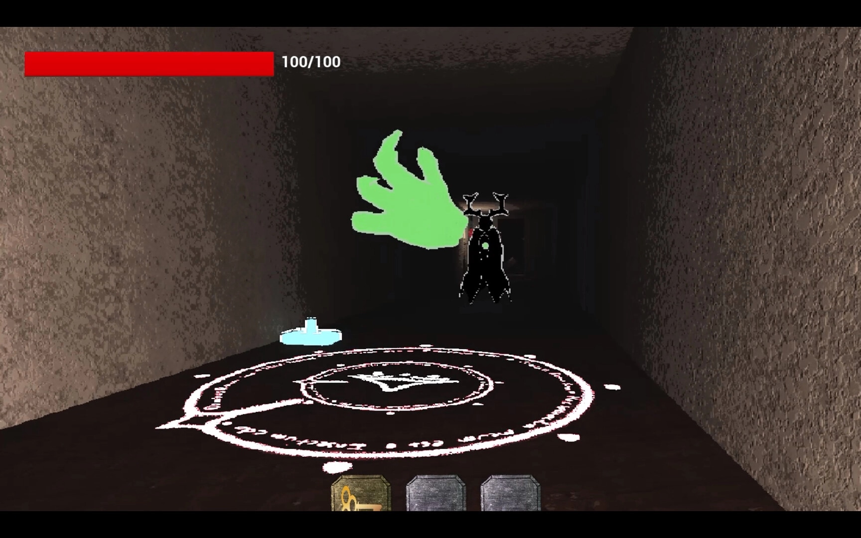 DISPEL: First-person view of rune circle and green hand icon in dark corridor, 100/100 HP bar.