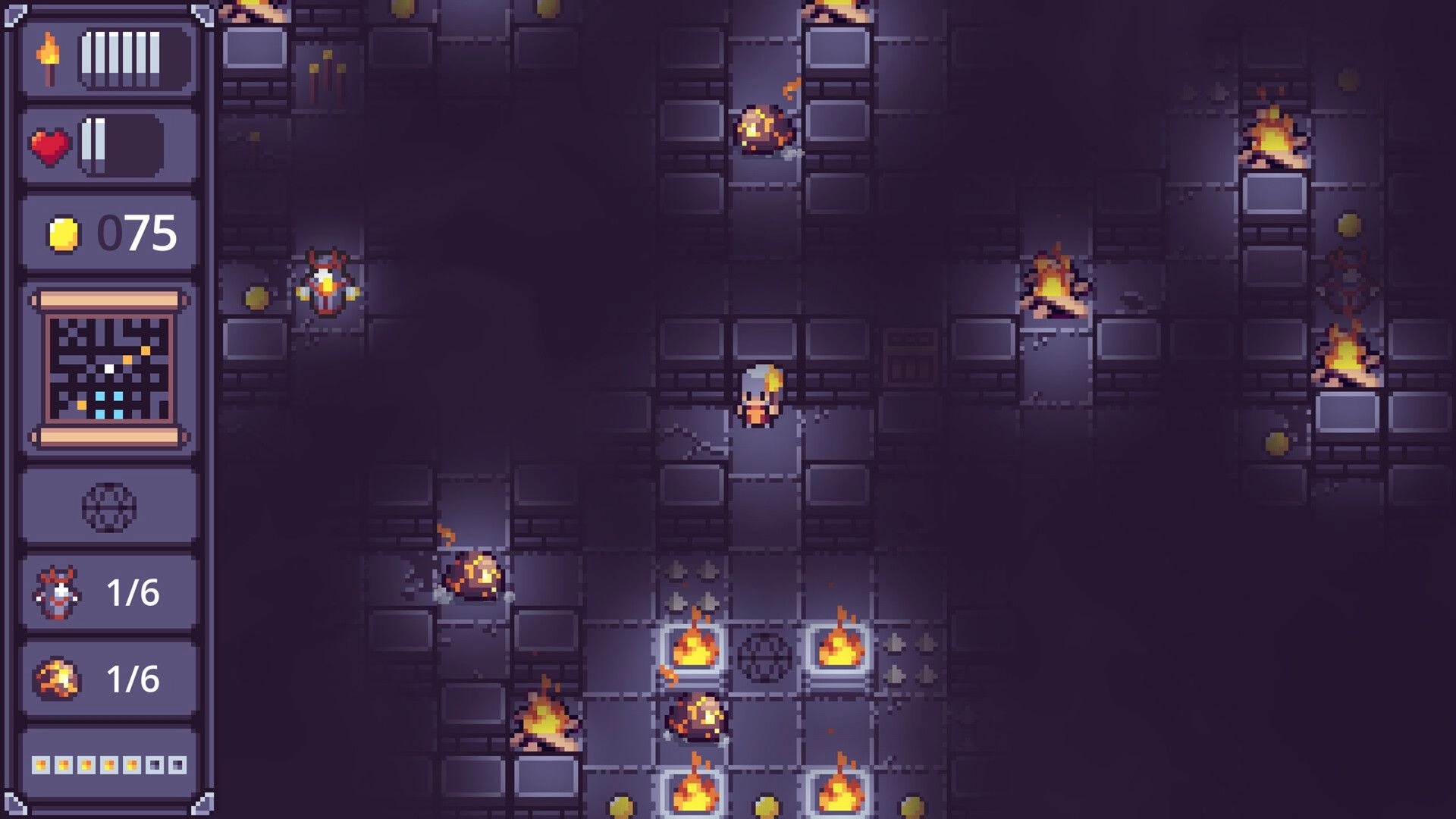 Dispel Dark: Hero with torch explores tiled dungeon with campfires, coins, and HUD stats panel.
