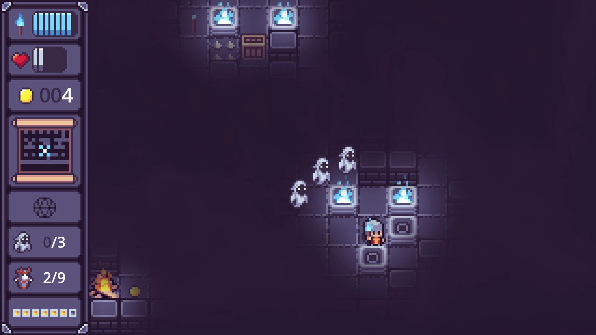 Dispel Dark: Hero faces three ghosts by blue flame tiles in a dim dungeon, HUD with hearts and coins.