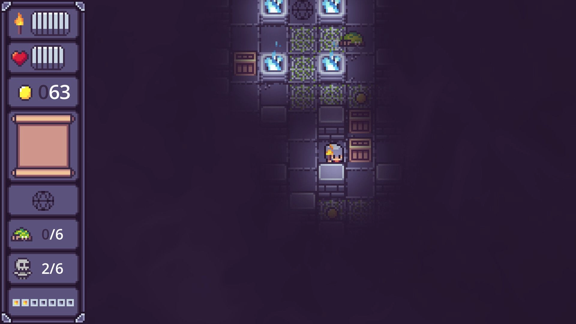 Dispel Dark: Torch-bearing hero explores foggy corridor with crates and blue flames in dungeon tiles.