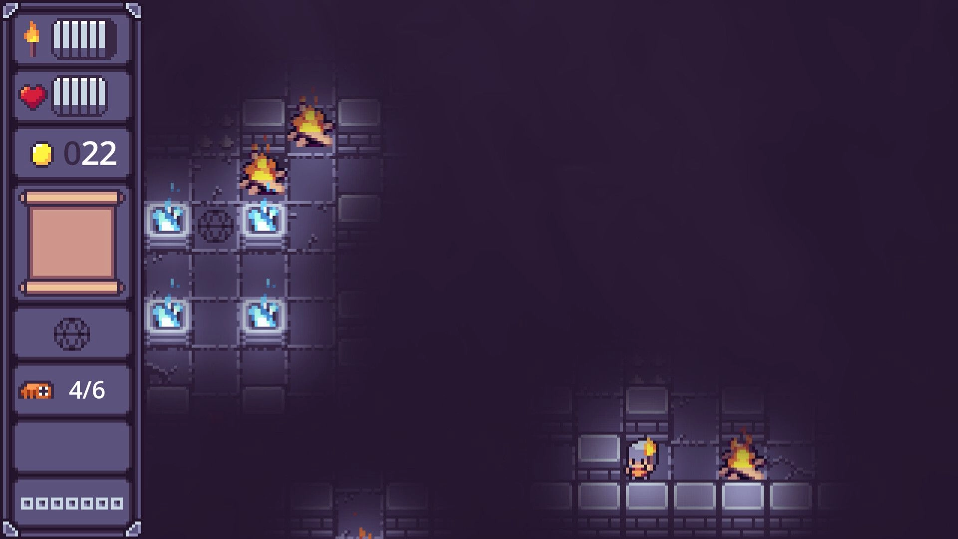Dispel Dark: Torch-bearing hero explores dim dungeon tiles with traps and left-side HUD bars.