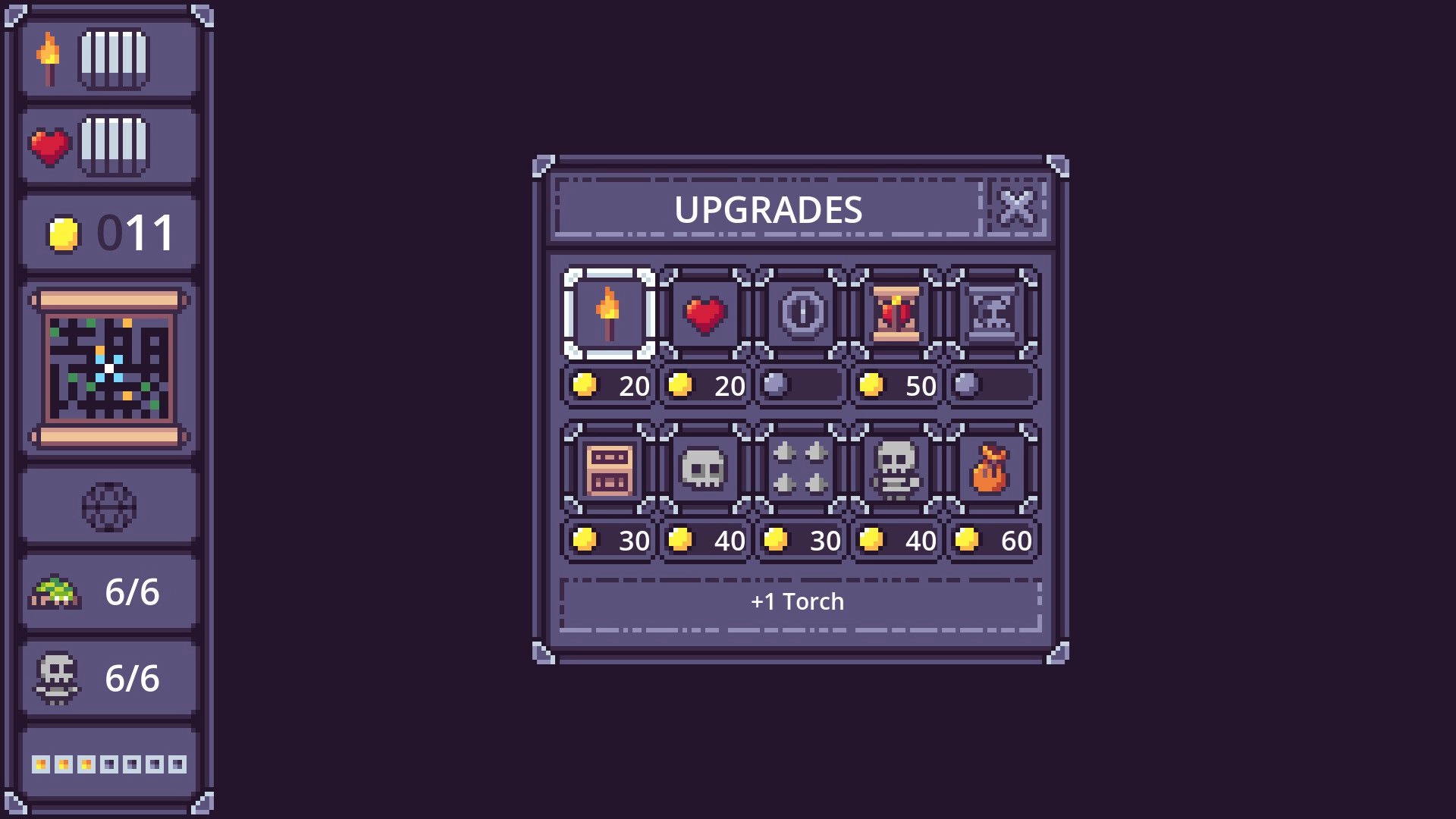 Dispel Dark: Upgrades menu with torch, heart, and skull icons plus coin costs on dark UI.