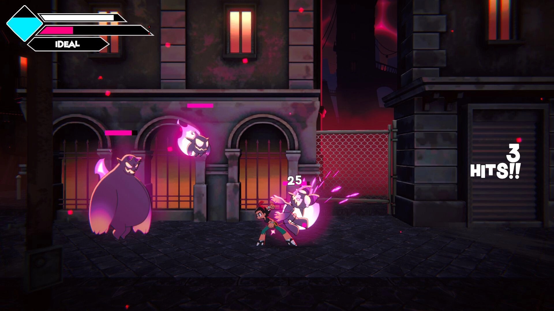 Disquieted: Connie slashes a ghost enemy as 3 HITS!! pops up in a dark city alley stage.
