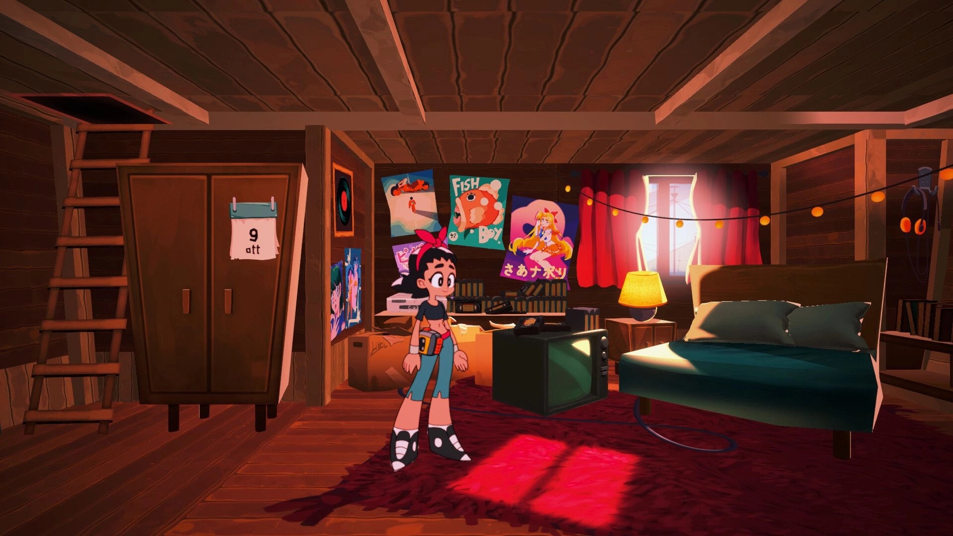 Disquieted: Connie stands in a cozy attic bedroom with posters, TV, bed, and glowing window lights.