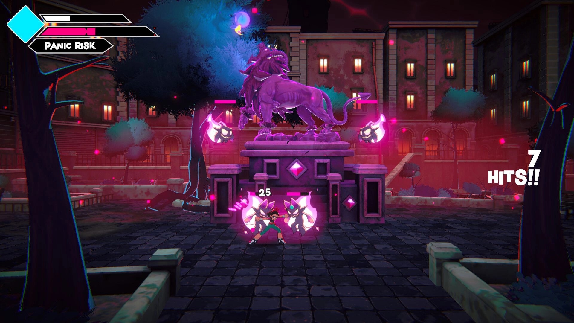 Disquieted: Player comboing shadow imps under a lion statue, Panic Risk meter and 7 hits UI in plaza.