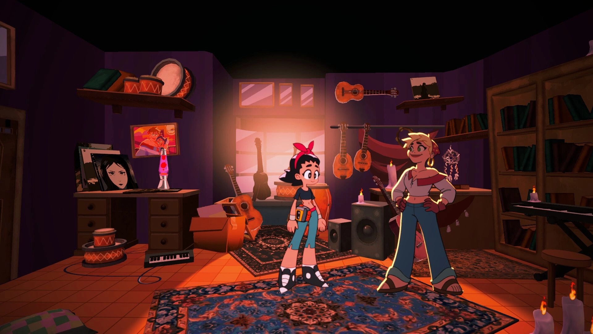 Disquieted: Connie stands with a blond NPC in a cozy music room filled with guitars and candles.