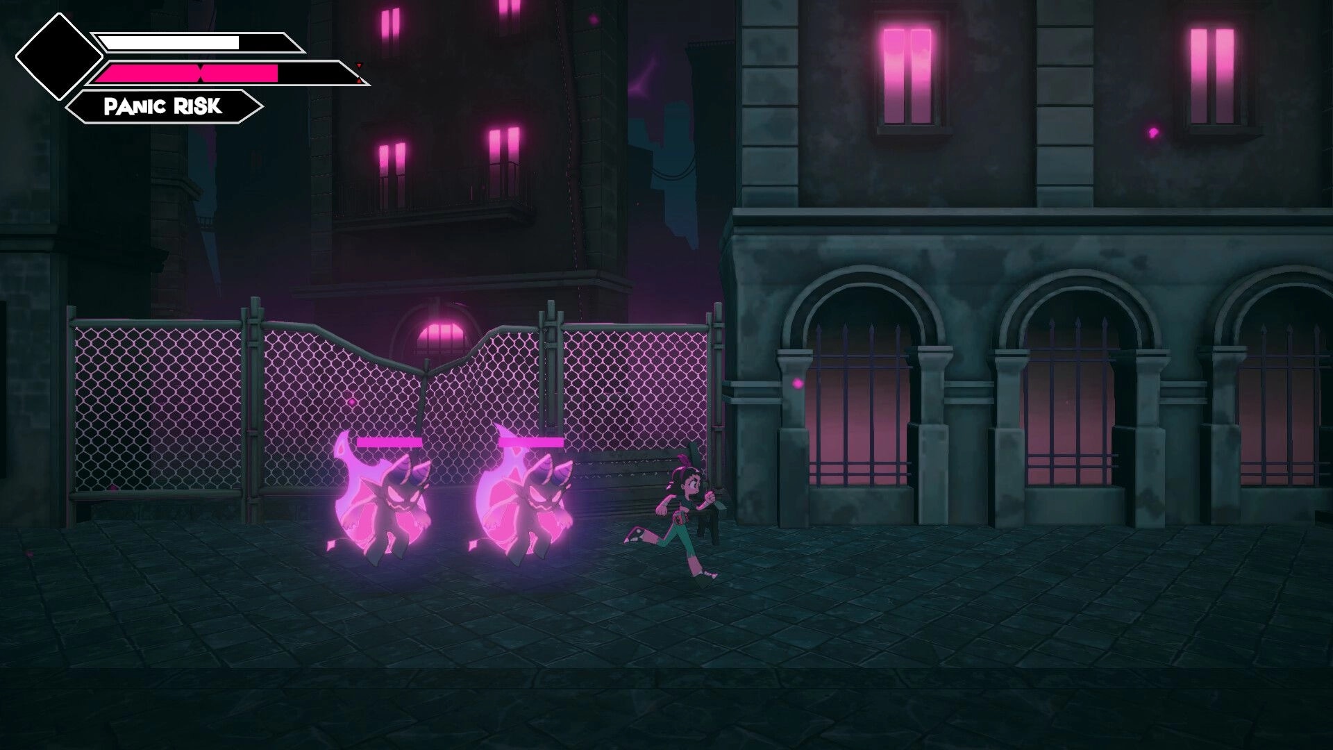 Disquieted: Connie runs from two glowing pink demons in a dark city street with Panic Risk UI.