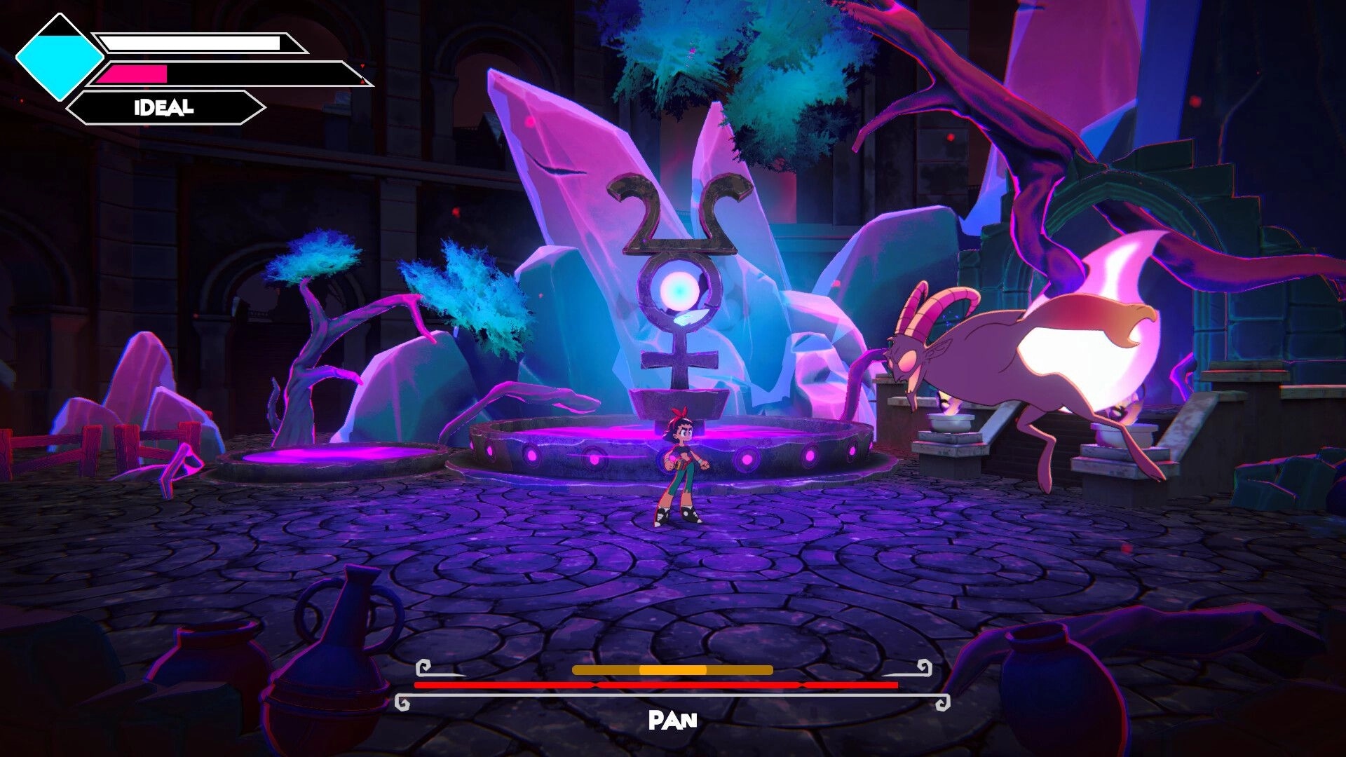 Disquieted: Connie faces a horned demon boss in a neon courtyard, IDEAL meter and PAN bar visible.