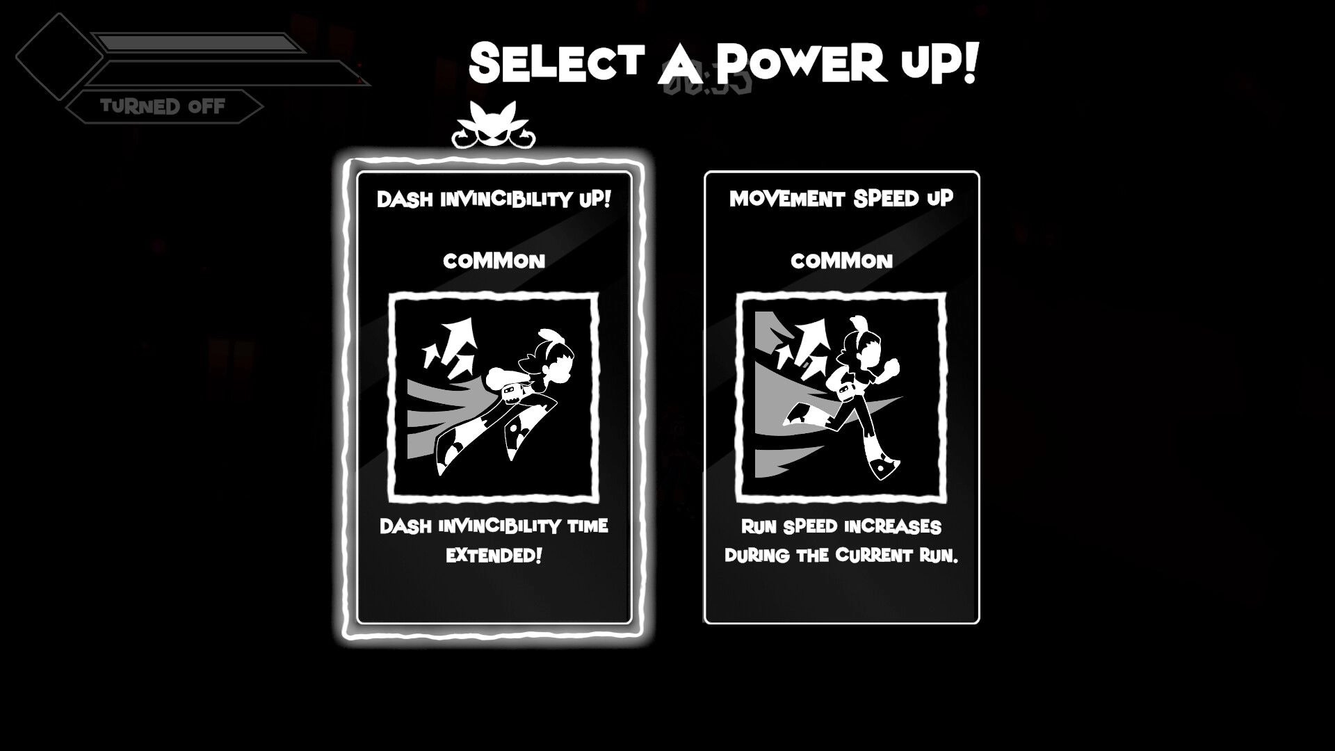 Disquieted: Select a power-up menu with dash invincibility or movement speed cards on dark screen.
