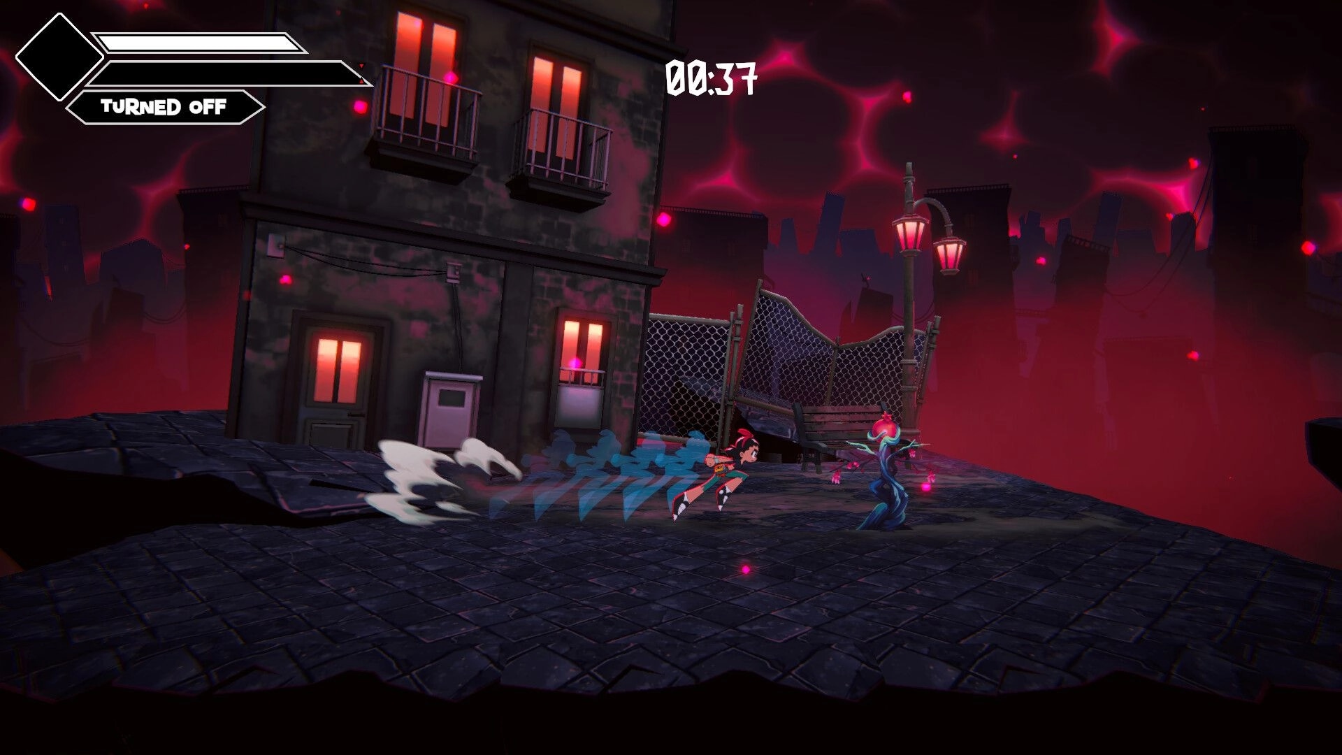Disquieted: Connie dashes toward a plant demon on a rooftop street, timer 00:37 and HUD turned off.