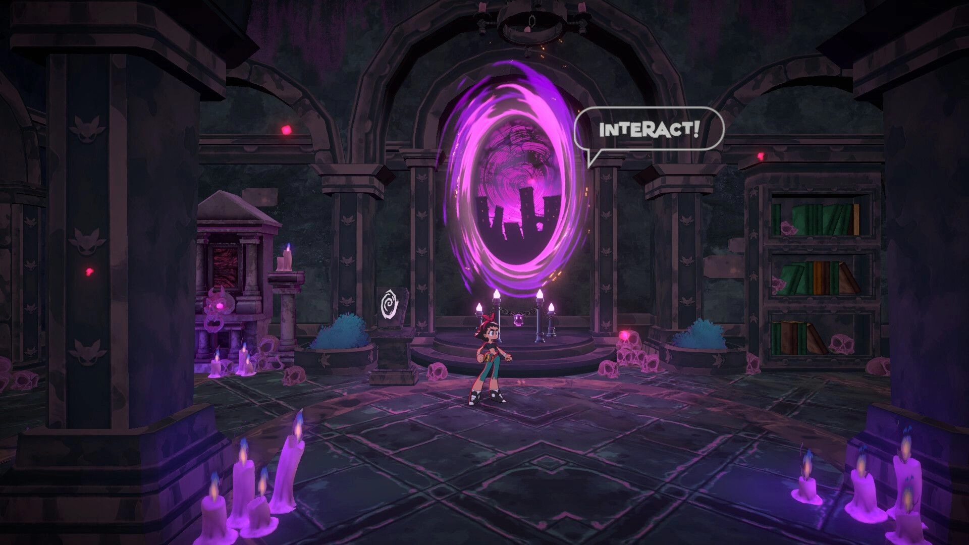 Disquieted: Connie stands before a glowing purple portal with “INTERACT!” prompt in a crypt hall.