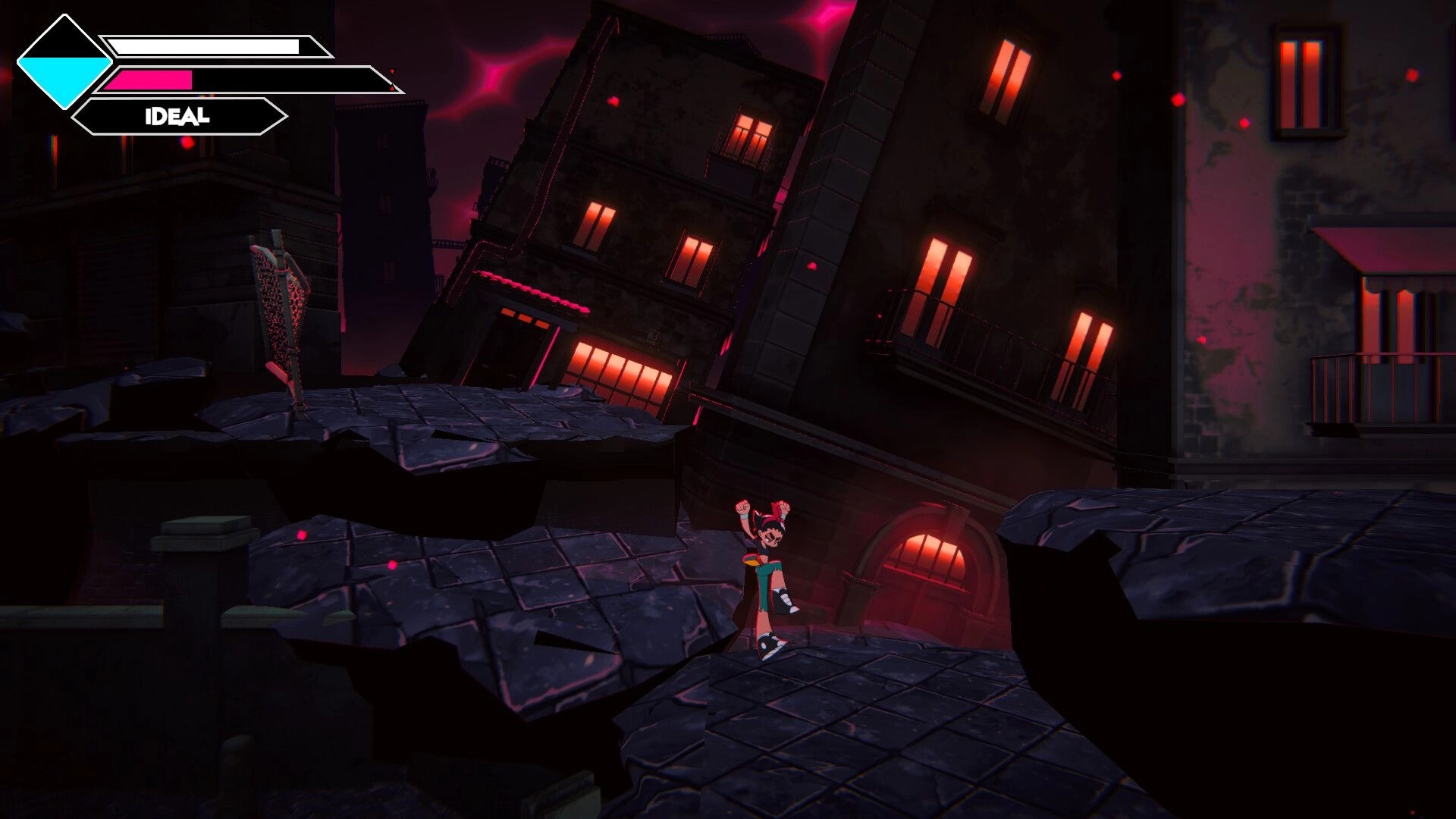 Disquieted: Connie jumps across cracked rooftops amid leaning buildings, IDEAL meter UI at top left.
