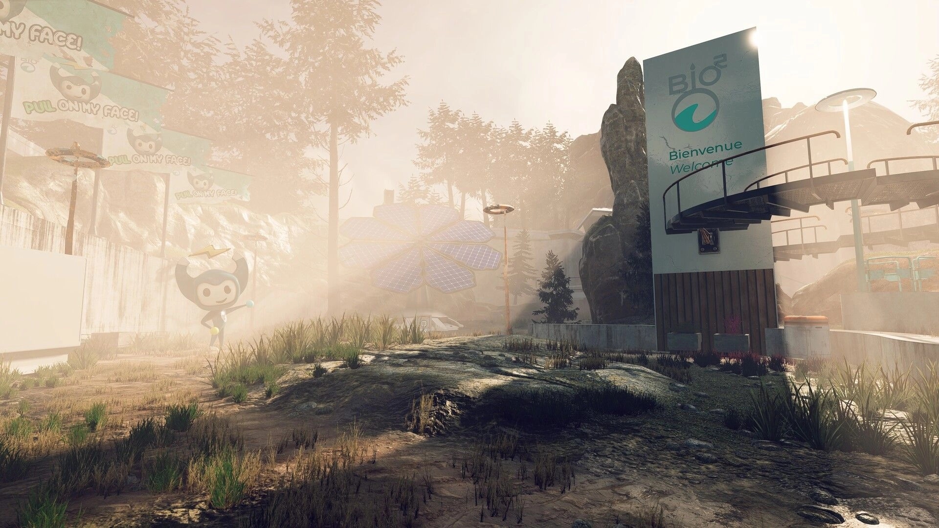Distant Shore: Exploring a misty facility with a Bio Bienvenue sign, solar panels, and walkways.