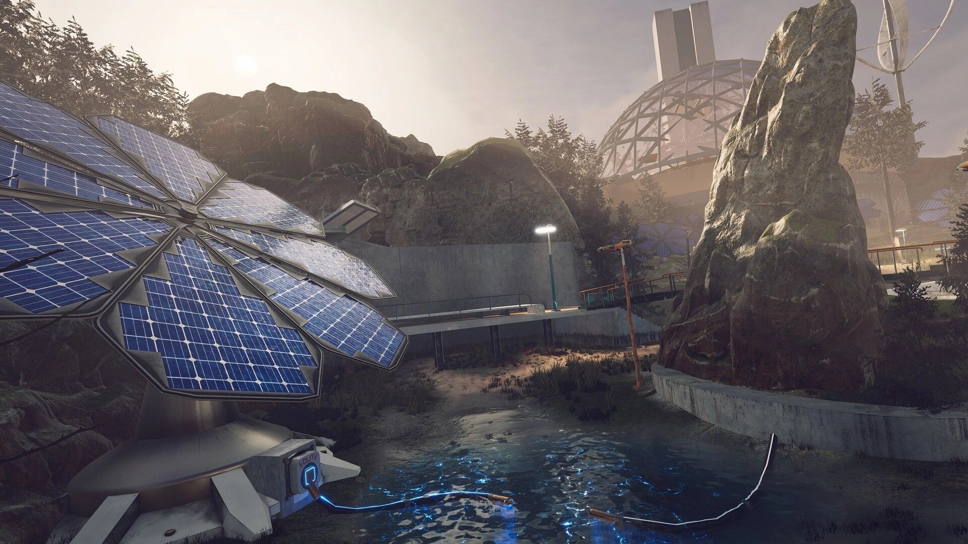 Distant Shore: Solar panel array beside a sparking cable in a rocky facility courtyard at dusk.