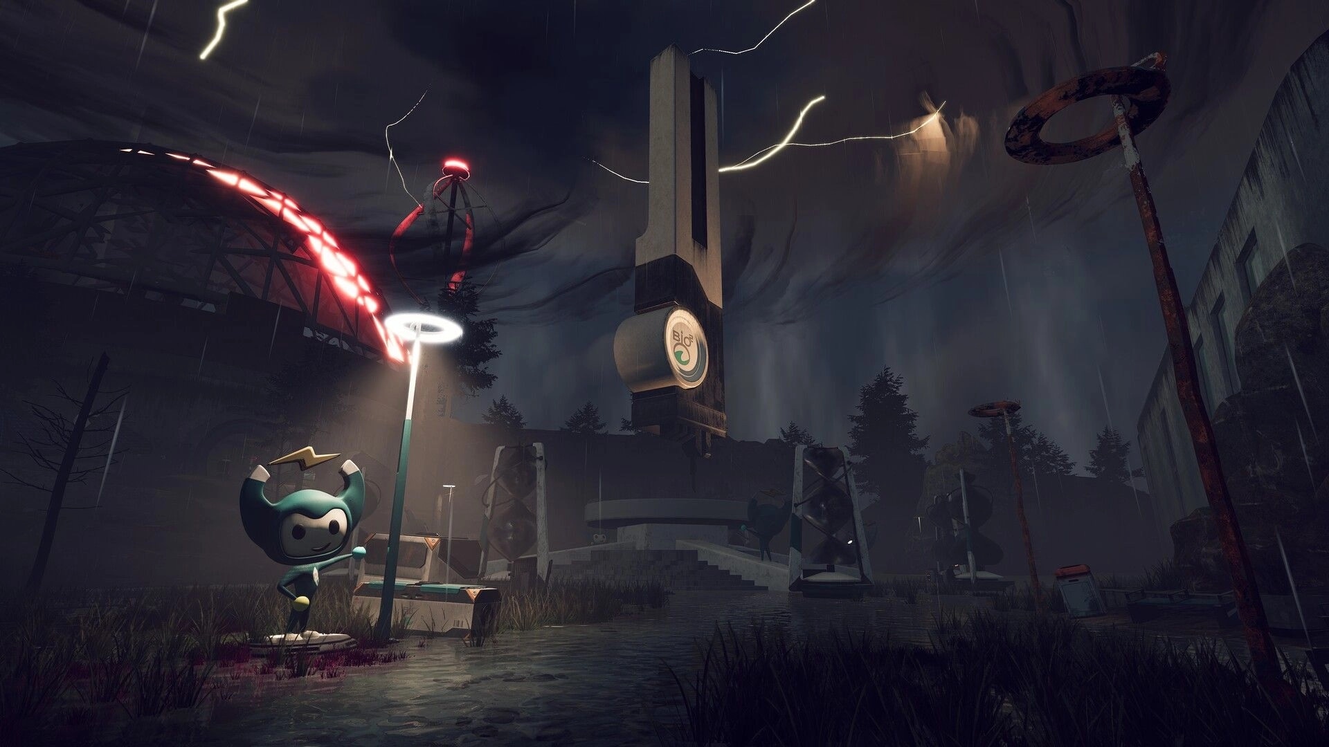 Distant Shore: Exploring a stormy plaza with a horned statue and hovering tower amid flooded ruins.