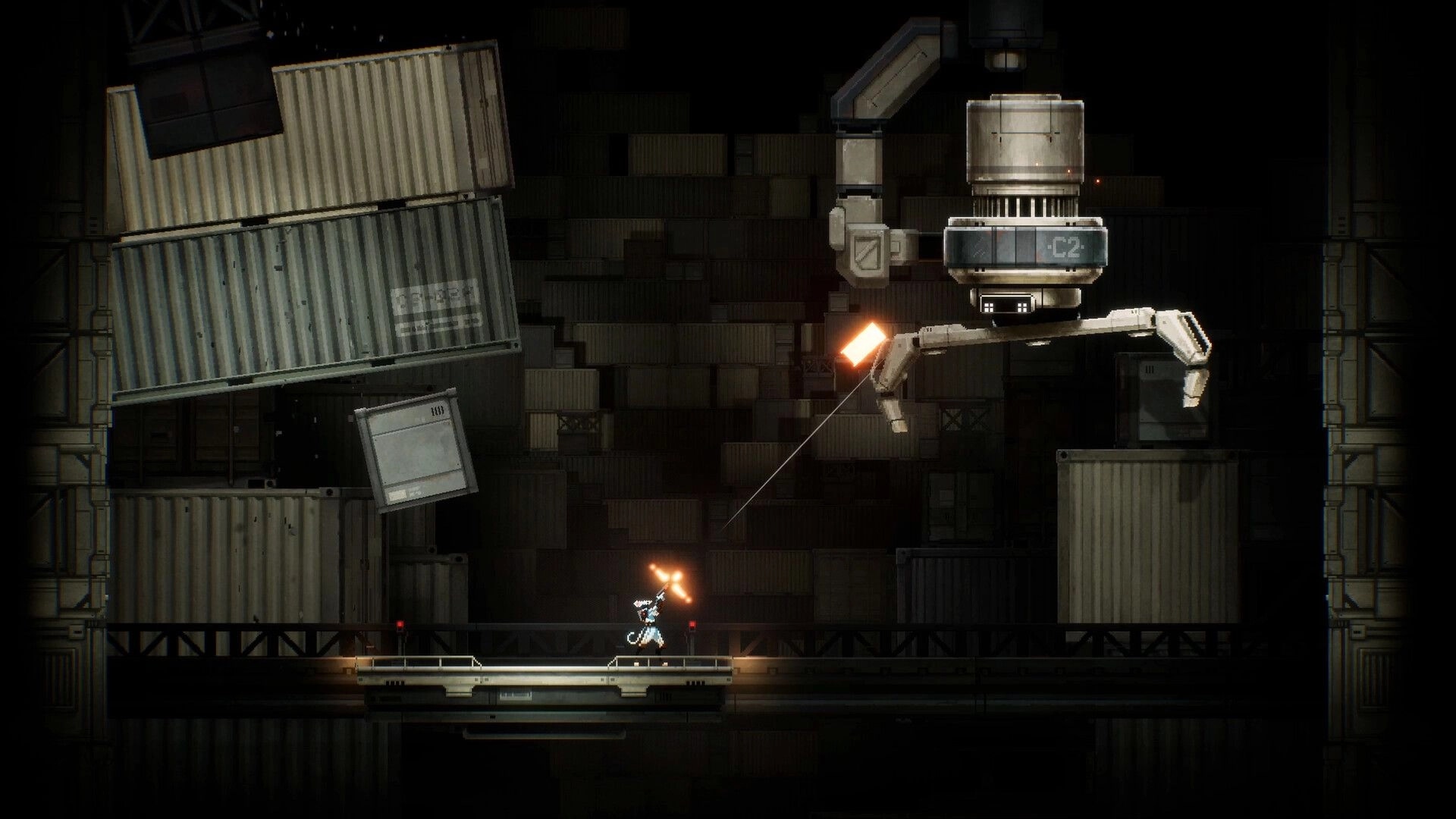 Distantia: Player fires at a giant C2 robot arm amid stacked cargo containers in a dark facility.