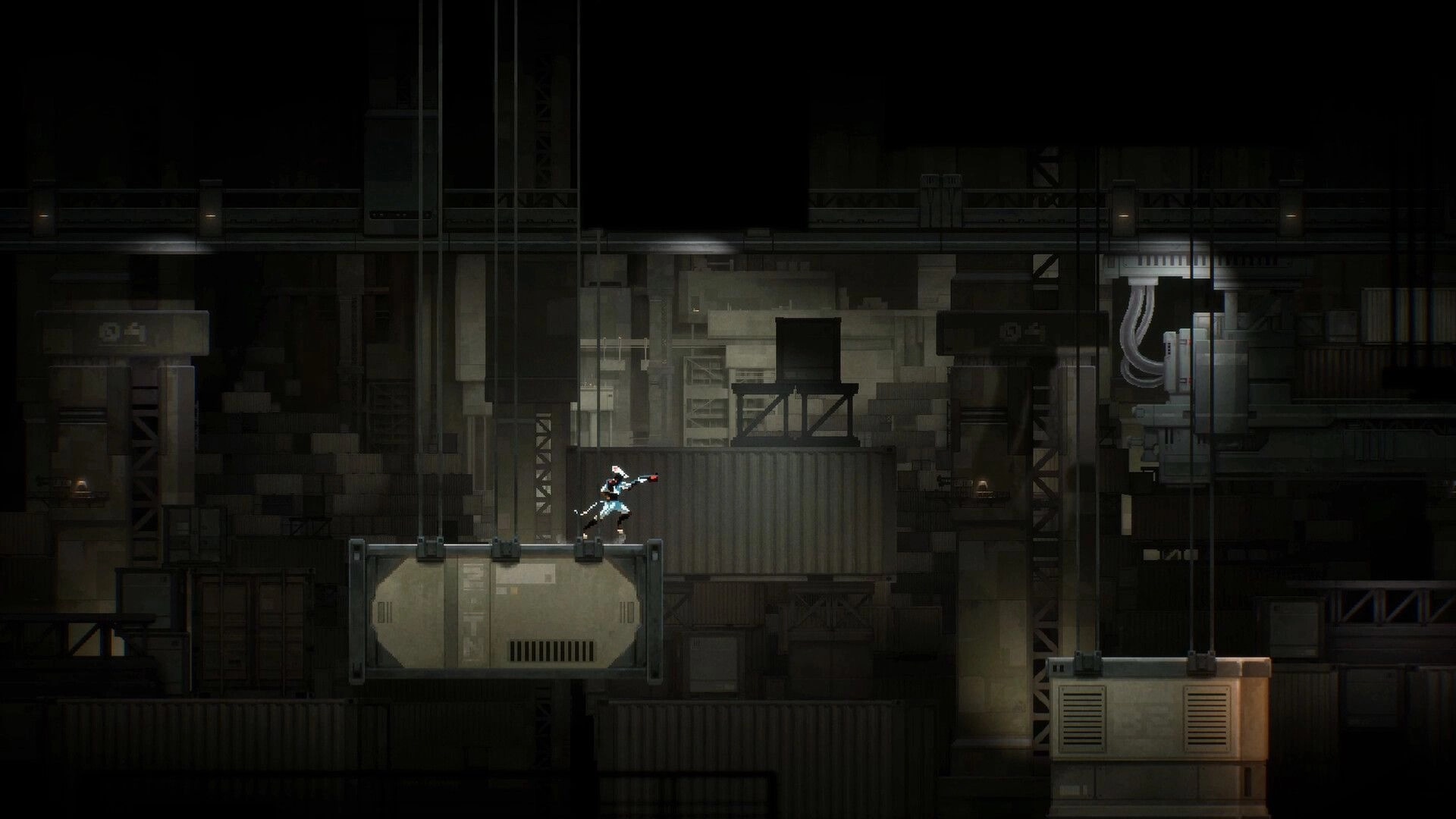 Distantia: Armed character runs atop a metal platform in a dim industrial facility of crates and pipes.