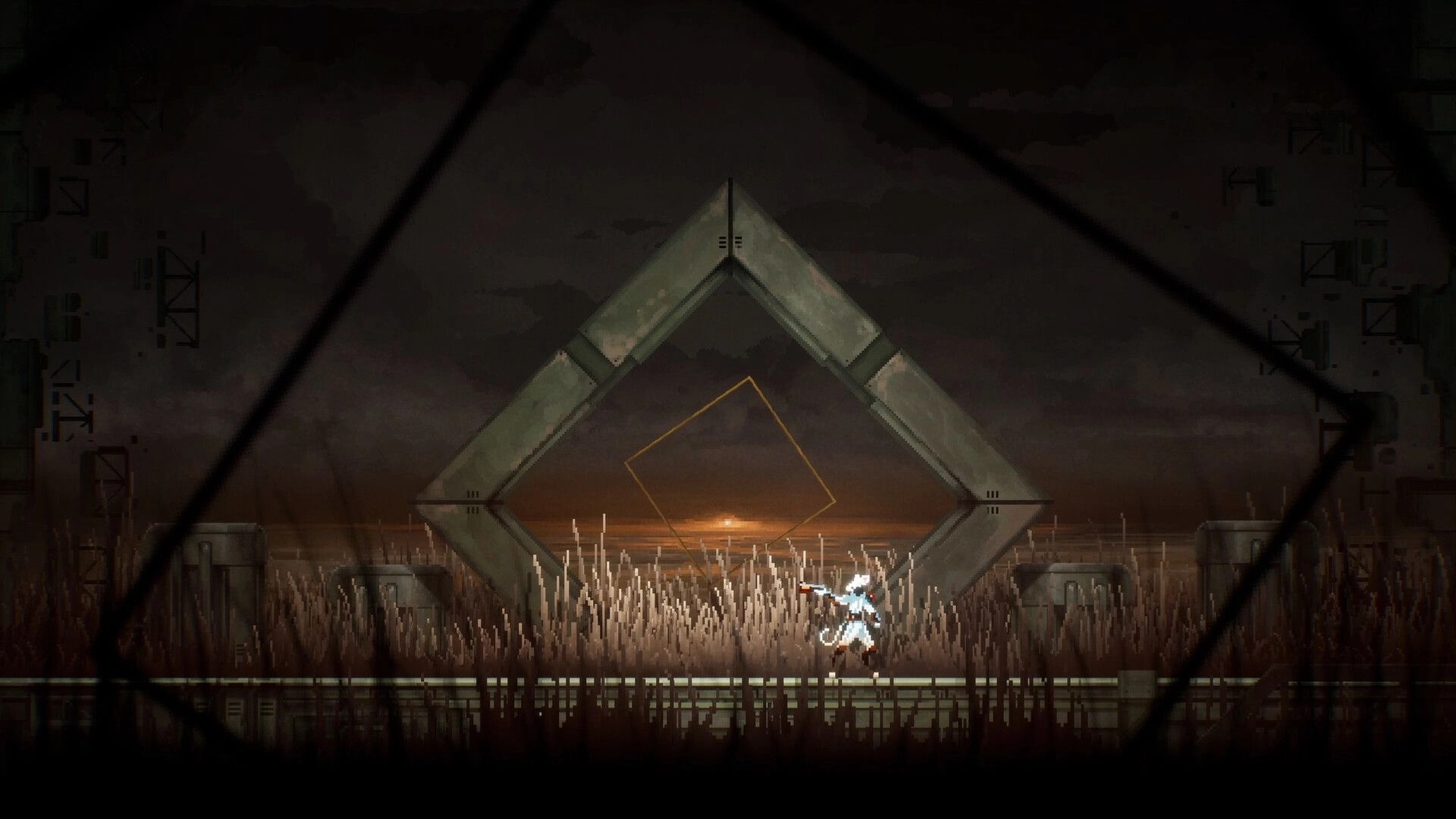 Distantia: White-clad fighter aims a rifle in tall grass before a glowing diamond gate at dusk.