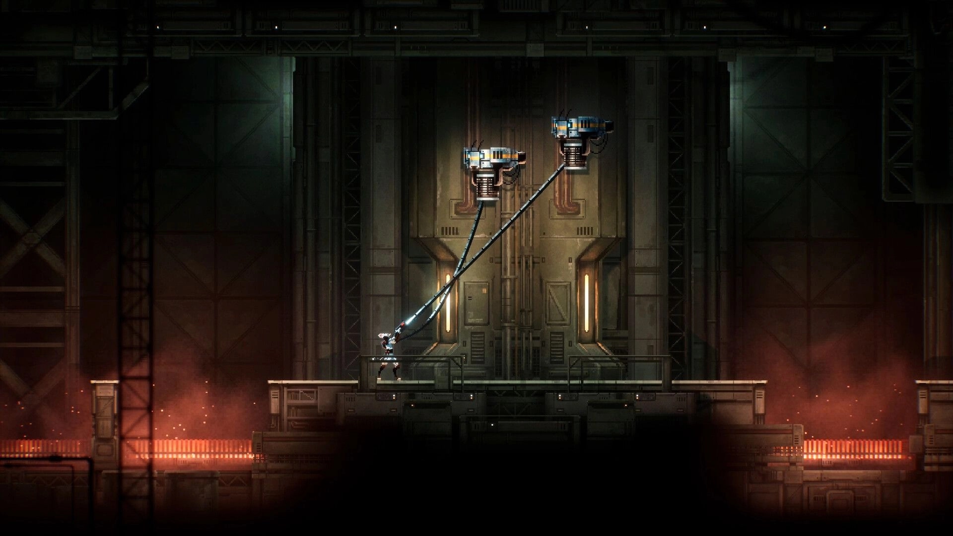 Distantia: Player swings on dual cables between two nodes in a dim industrial metal chamber with rails.