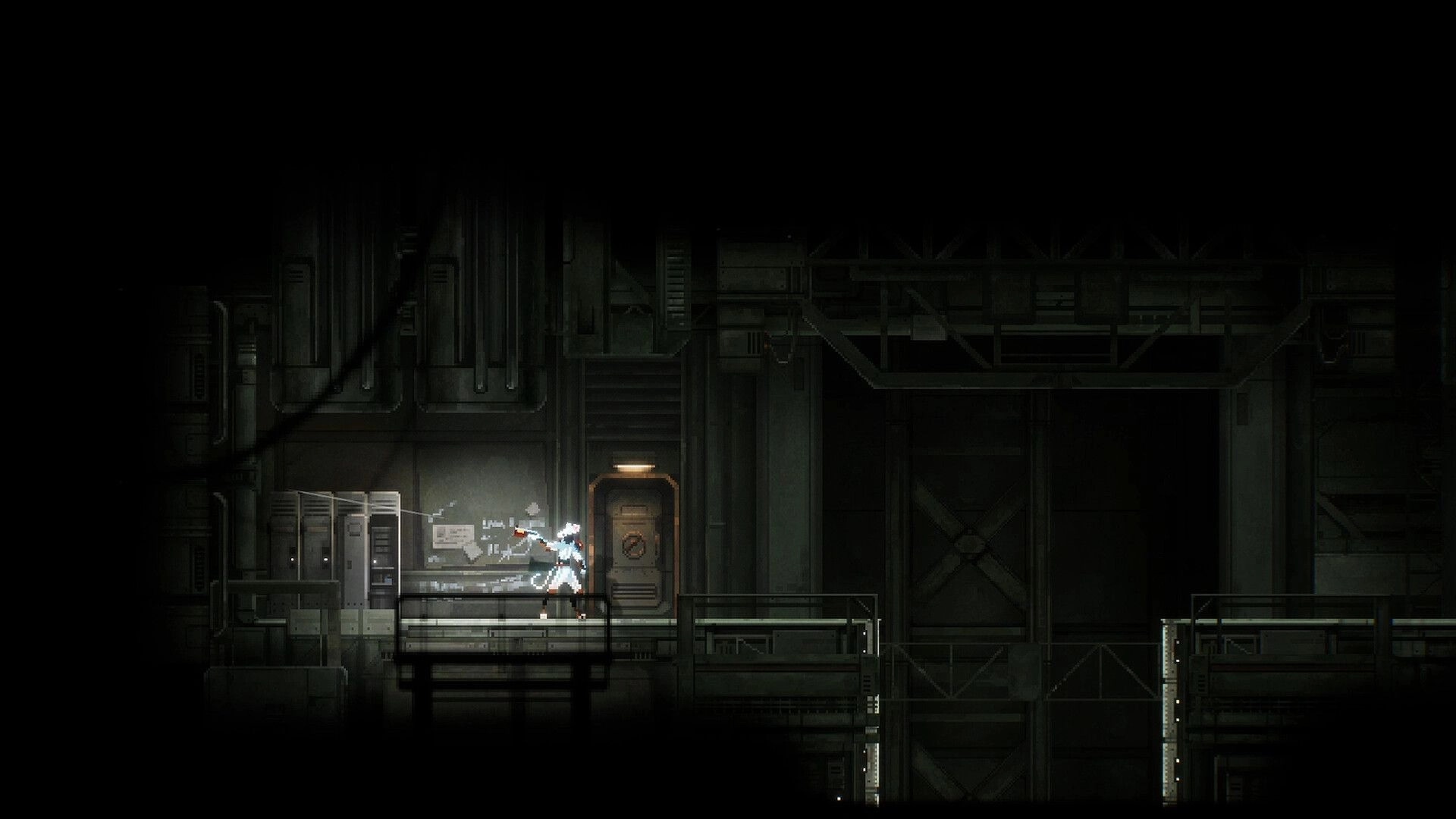 Distantia: White-suited character firing a gun on a metal catwalk in a dark industrial facility corridor.