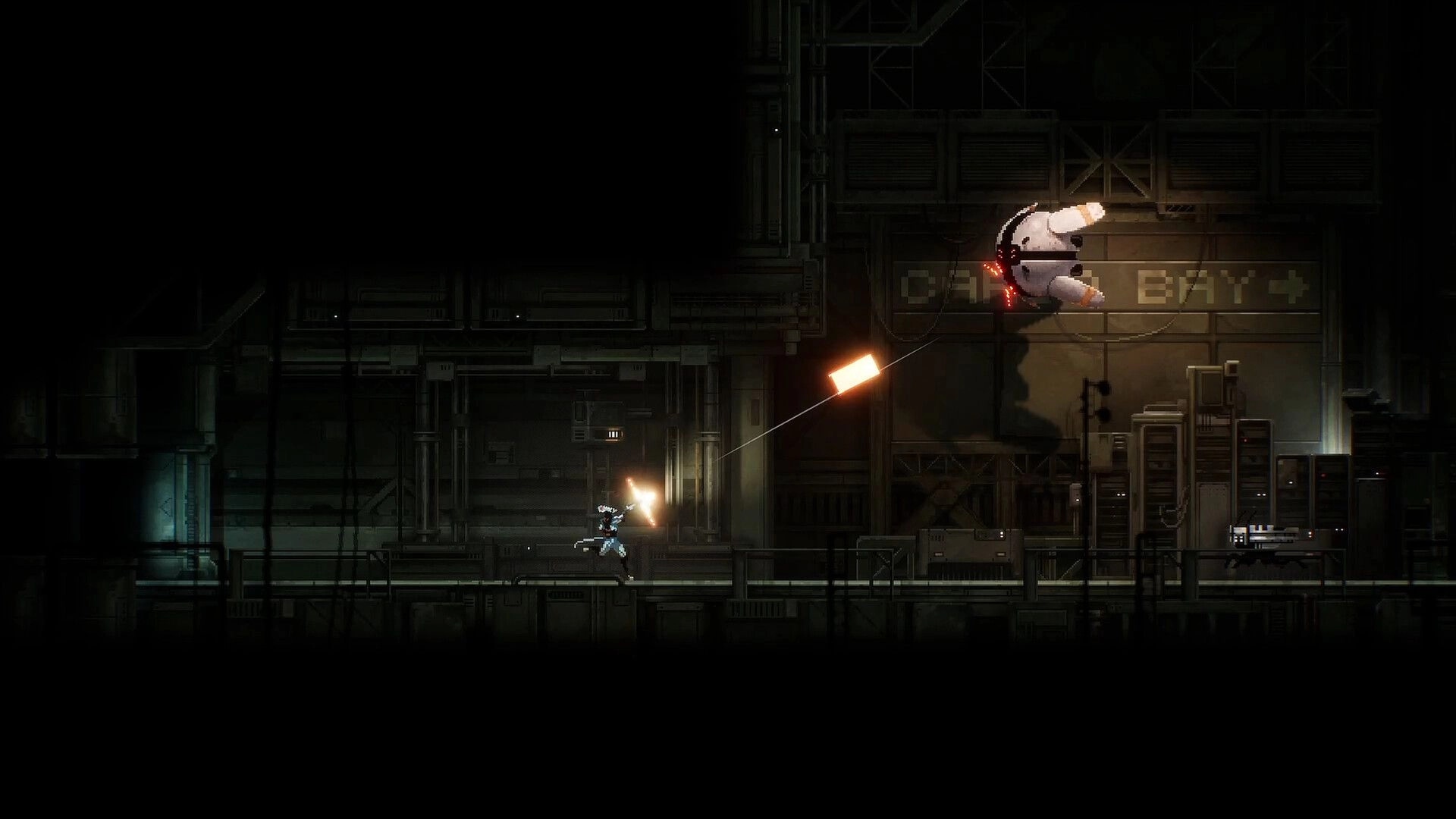 Distantia: Player fires a tethered glowing shot at a hovering drone in a dark industrial corridor.