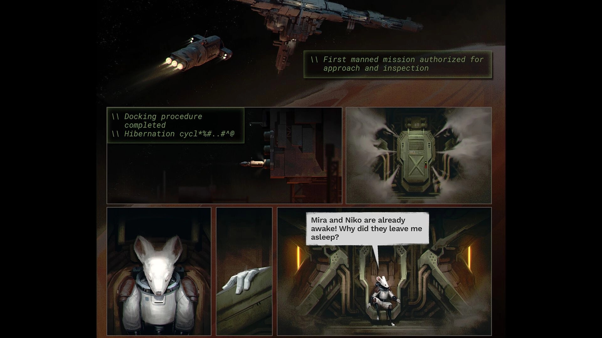 Distantia: Comic-style cutscene of a mouse astronaut waking in a ship pod with dialogue boxes.