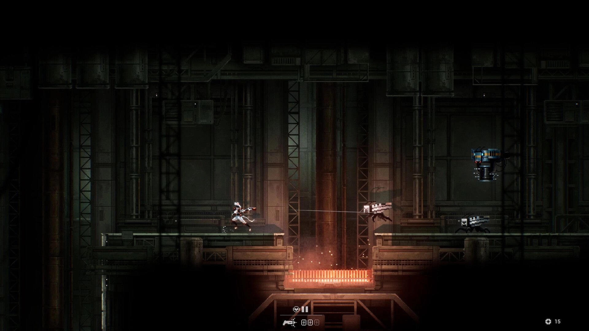 Distantia: Player aims rifle at two crawling drones across a gap in a dim industrial chamber.