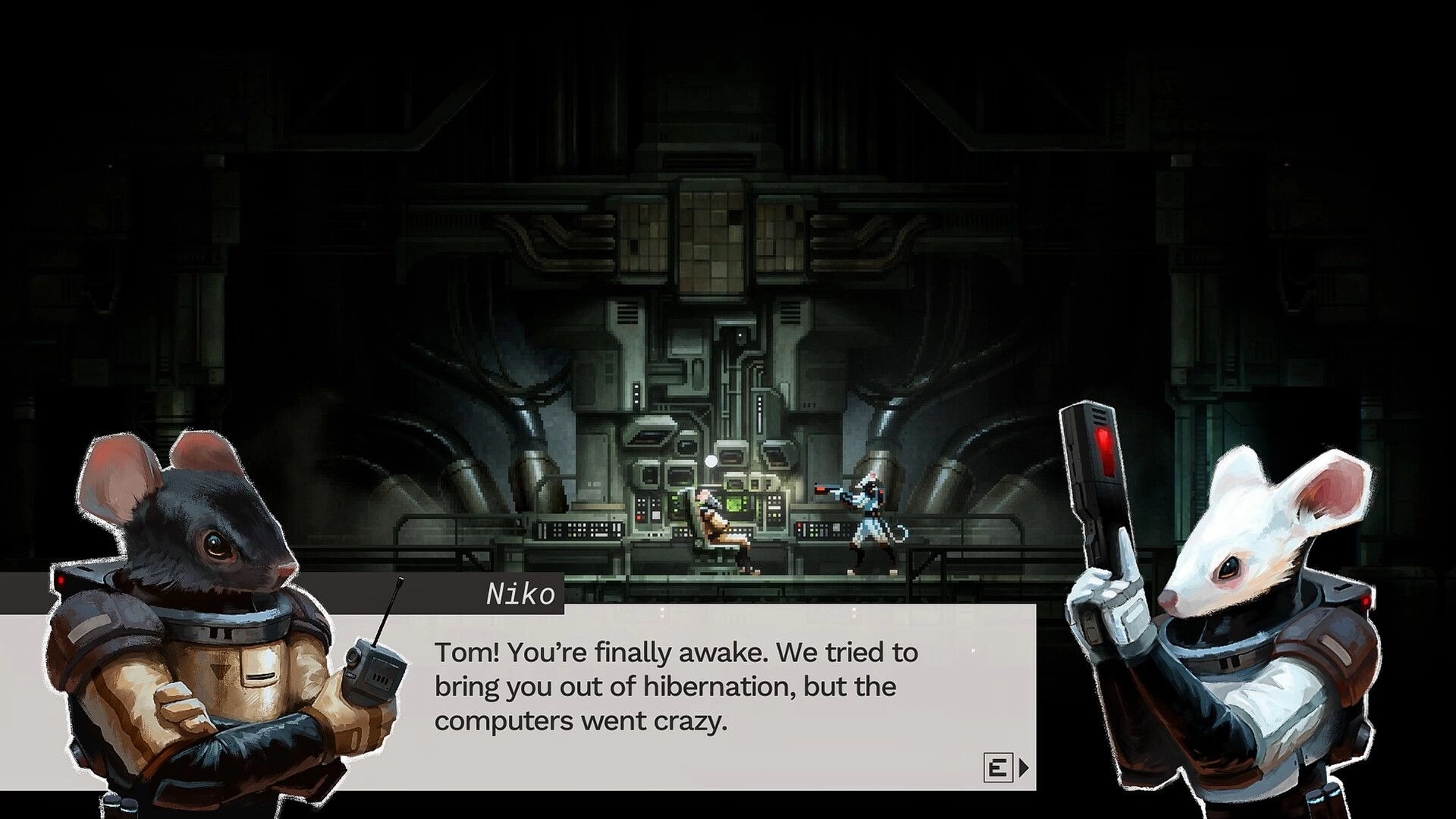 Distantia: Dialogue UI with Niko speaking as two mouse astronauts face off in a dark facility.