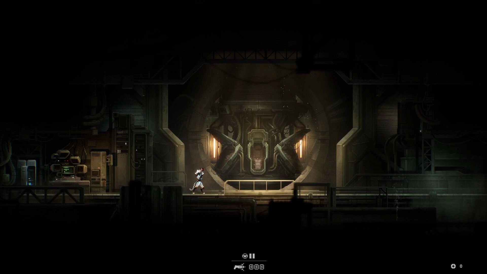 Distantia: Lone explorer stands before a huge sealed hatch in a dim industrial facility with HUD icons.