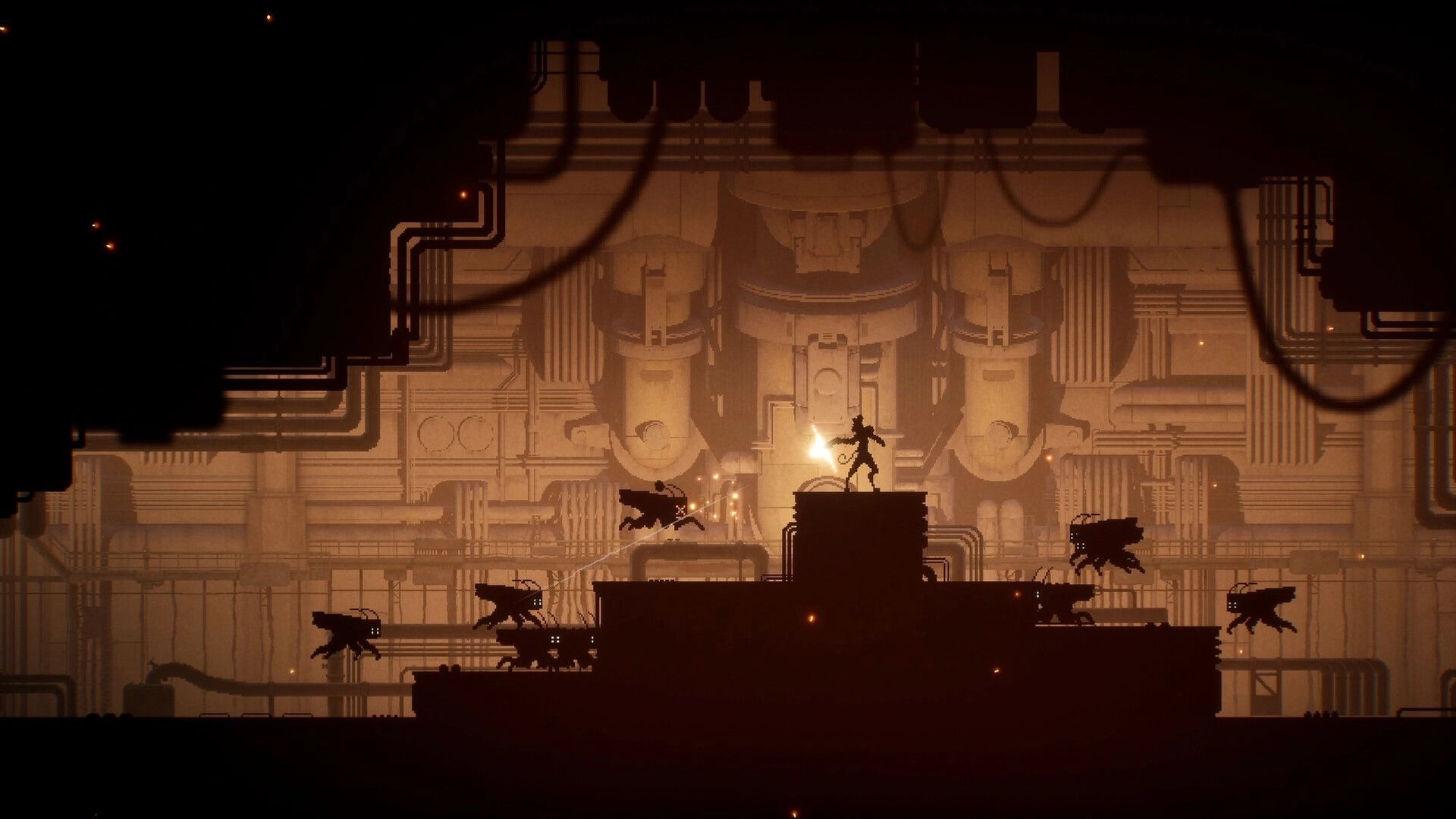 Distantia: Silhouetted fighter fires midair at shadow beasts atop platforms in a vast industrial chamber.
