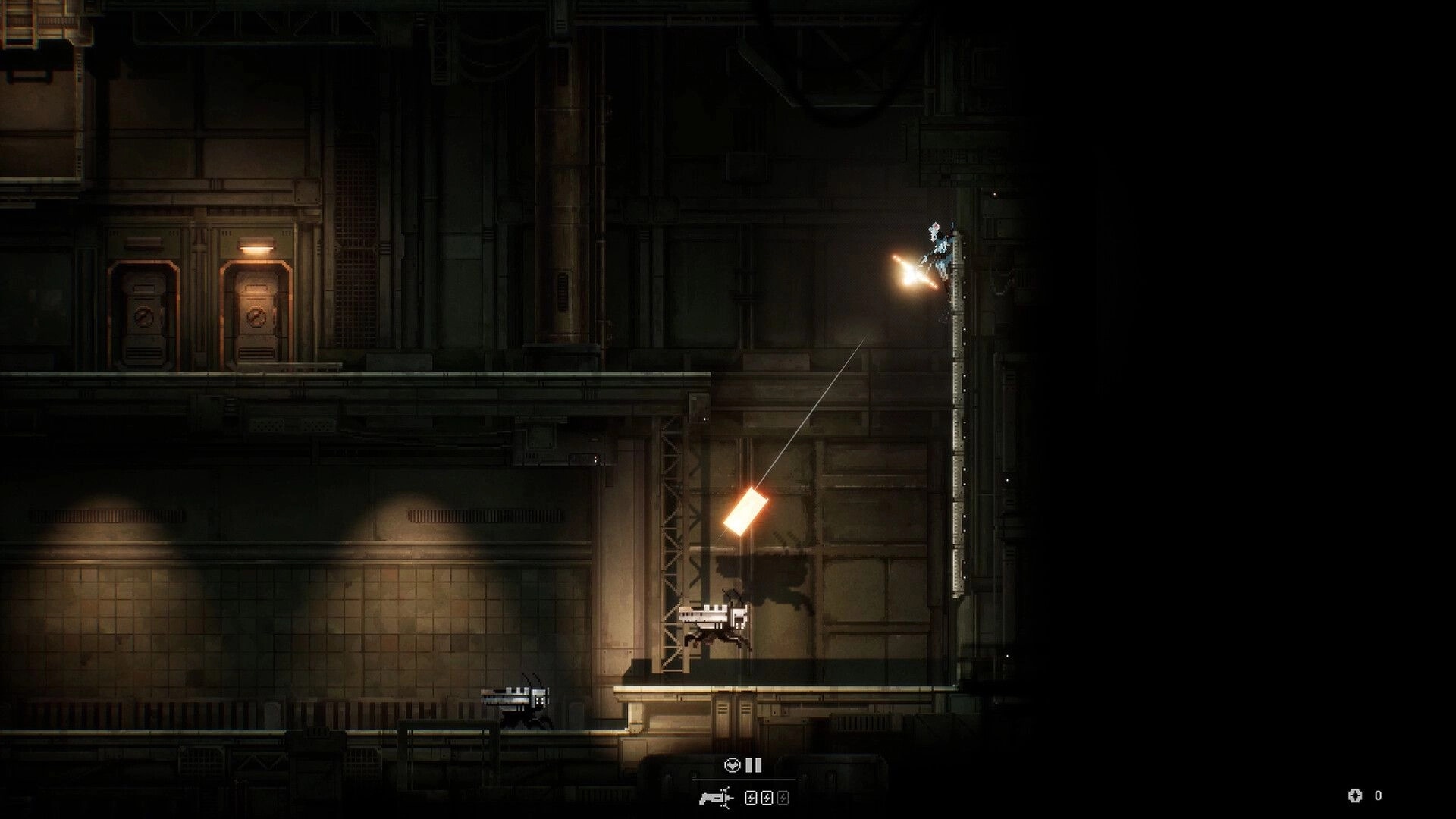Distantia: Jetpack soldier fires at a wall while climbing in a dim industrial facility with HUD icons.