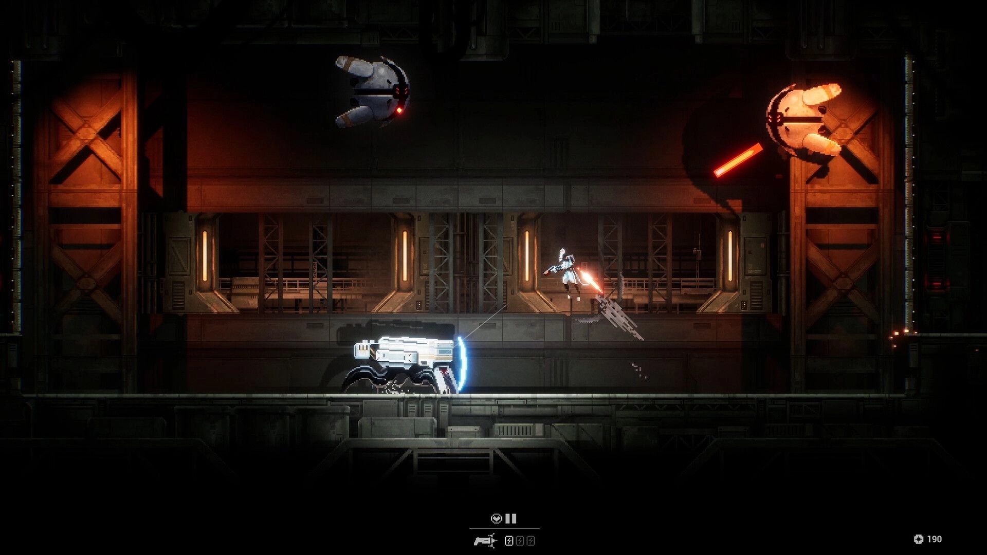 Distantia: Armored character fires red beam at drones in dim industrial corridor with HUD icons below.