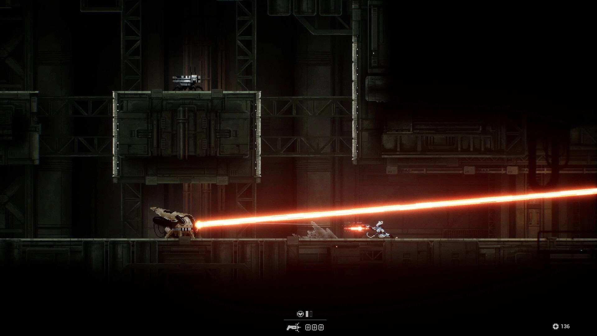 Distantia: Player fires at a turret shooting a red laser in a dark industrial corridor with HUD icons.