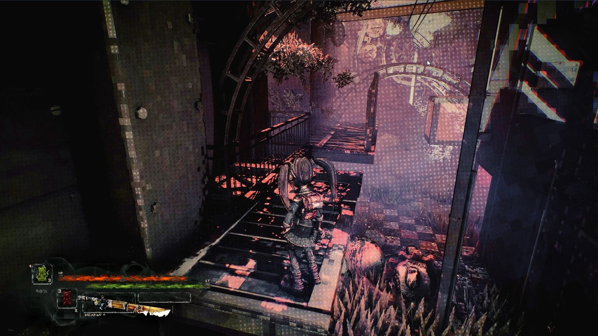 Dithered: Girl with twin ponytails stands on a metal catwalk above a glitchy corridor interior.