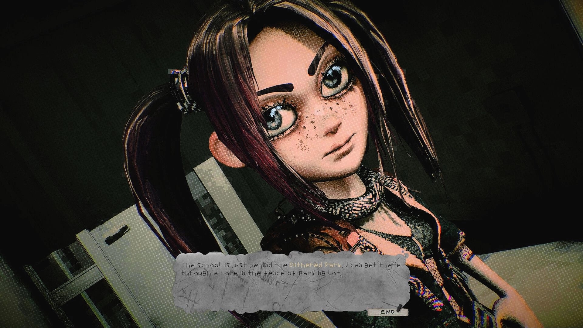 Dithered: Close-up dialogue portrait of freckled girl with END button over dark, glitchy backdrop.